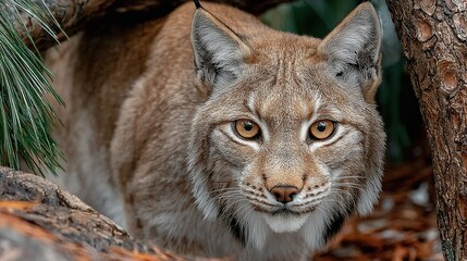 Naklejka premium A close-up of a cat on a tree branch with a pine cone in the foreground and another pine cone in the background
