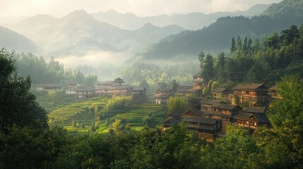 A serene village nestled in lush mountains, surrounded by terraced fields and greenery, enveloped in morning mist.