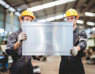 Two dedicated industrial workers meticulously handling a large metal sheet together in a bustling factory, showcasing teamwork and safety in the manufacturing process