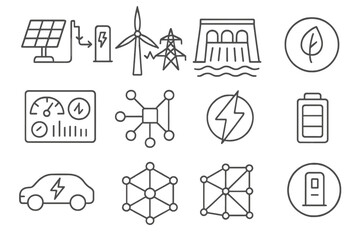 EV Energy Icon Set. Line style icons of EV green energy infrastructure: solar panel to charger diagram, wind power to grid line,