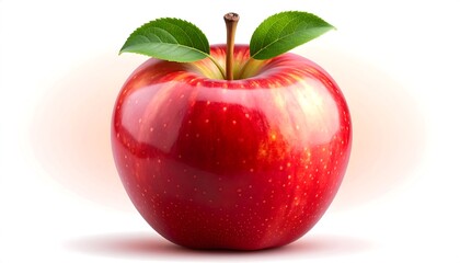 A vibrant red , complete with fresh green leaves, sits against a clean white background, showcasing its glossy texture and natural beauty.