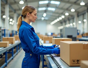 Female worker in blue uniform carefully handling cardboard box packages on a conveyor belt inside a modern distribution warehouse
