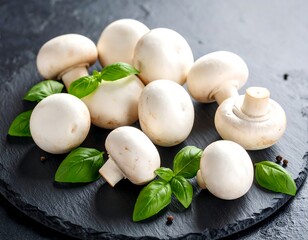 Fresh button mushrooms on a slate board