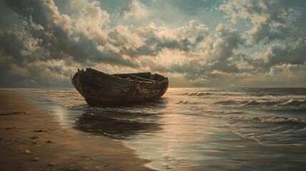 A serene beach scene featuring an old, weathered boat stranded on the shore, with dramatic clouds and gentle waves reflecting the light.