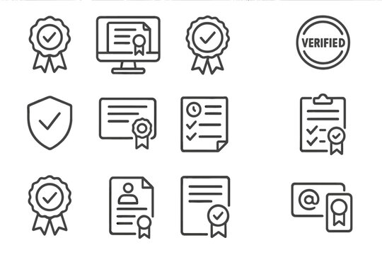 Certification Icon Set. Line style icons of educational certifications: certificate badge icon, digital diploma file, course