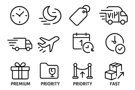 Express Shipping Icons. Line style icons of express and premium shipping: 24-hour delivery icon, overnight express label, priority