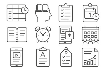 School Productivity Icons. Line style icons of school productivity: study schedule chart, subject focus icon, homework checklist,