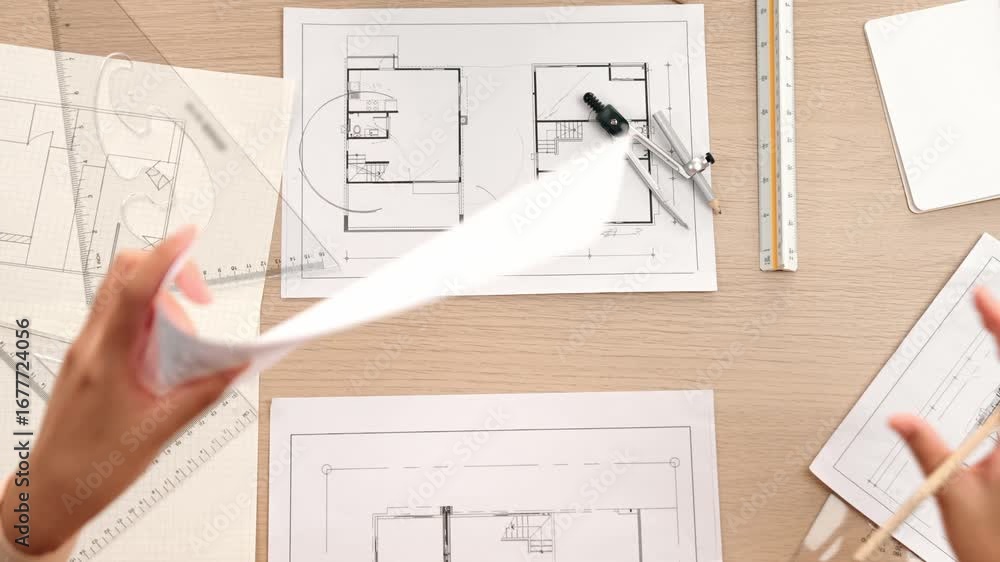 Poster video of clever architect or engineer using measurement tool and pencil compare a hand draft detail 