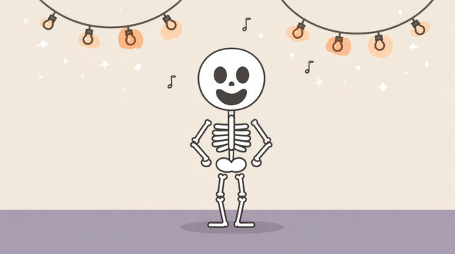 Cartoon skeleton dancing under festive string lights with musical notes