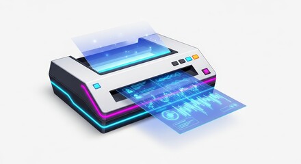 Futuristic Printer with Glowing Blue Neon Lights Printing a Digital Data Interface on a Clean White Background