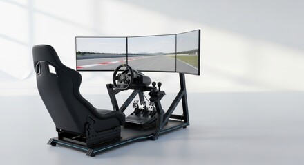 Racing simulator set up with a gaming seat and triple monitors. Immersive virtual reality for car driving simulation.