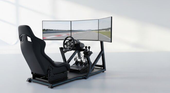 Racing simulator set up with a gaming seat and triple monitors. Immersive virtual reality for car driving simulation.