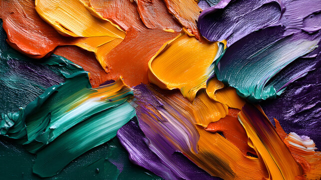 An abstract creation with thick brushstrokes in brigt hues of orange, purple, nd green, evoking a sense f excitement and vibrancy.