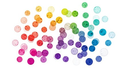 Abstract Rainbow Colored Confetti Circles Arranged in a Vibrant Spectrum on a White Background