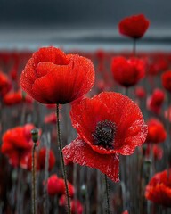 Obraz premium Field of red poppies under dark cloudy sky, symbolic background for Remembrance Day or Armistice Day, selective color effect