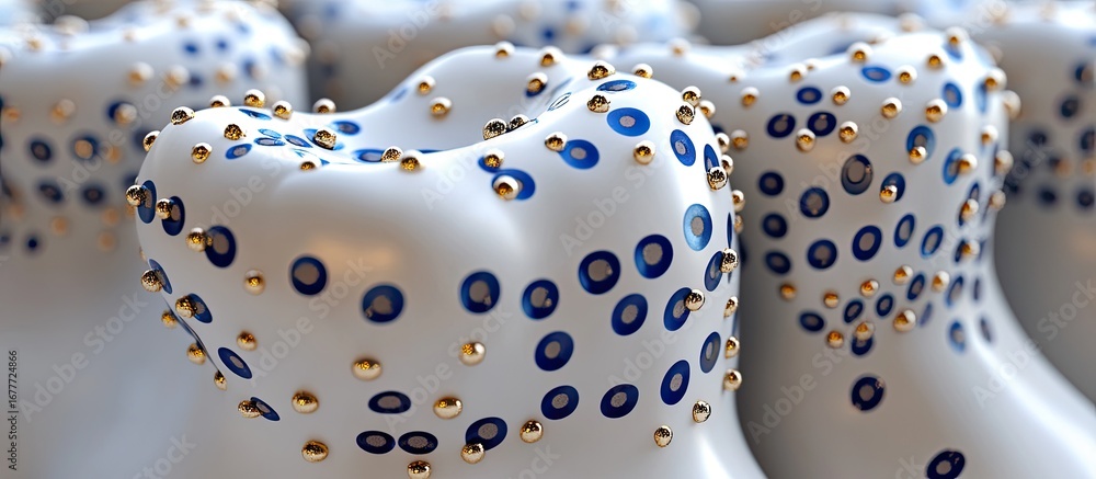 Poster dynamic abstract 3d render: wavy white forms adorned with reflective gold spheres and deep blue ring