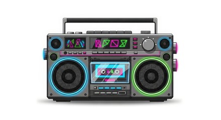 Obraz premium Retro Boombox with Colorful Neon Lights and Cassette Tape Isolated on White Background