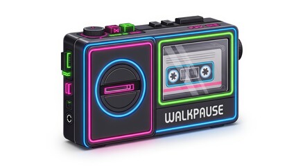 Vintage Portable Cassette Player with Glowing Pink and Blue Neon Lights Isolated on a White Background