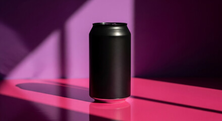 Fototapeta premium Matte black soda can casting a shadow on a vibrant pink and purple background with dramatic lighting