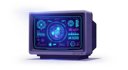 Retro Computer Monitor Displaying Glowing Blue Futuristic Data Interface on White Background