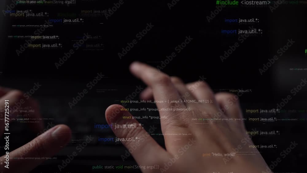 Poster close-up view of hands typing on a keyboard with a digital overlay of software code, symbolizing the