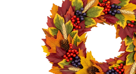 A decorative autumn wreath with colorful leaves, berries, and pinecones, isolated on white background with copy space for seasonal banners