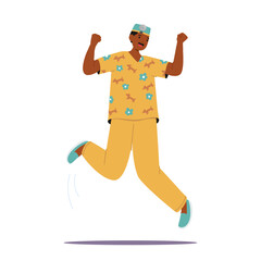 Happy excited surgeon doctor cartoon character jumping up high with raised hands isolated on white