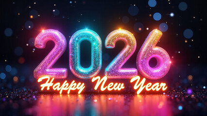 Colorful "2026" and "Happy New Year" in neon style against a dark bokeh background, celebrating New Year festivities for digital art enthusiasts and holiday decorations.