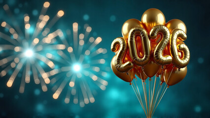Shiny gold balloons shaped like "2026" floating against deep teal backdrop with vibrant fireworks, celebrating the New Year for event promotions, parties, or festive decorations.