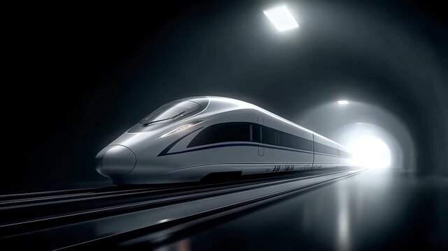 High-Speed Train Speeds Through Tunnel Towards Light
