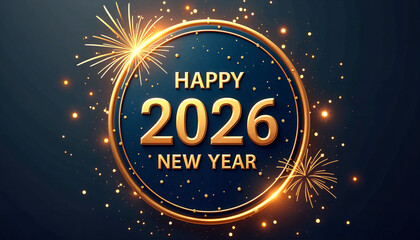 Naklejka premium Navy-blue circular badge with gold text celebrating 2026 Happy New Year, adorned with fireworks and lights, designed for festive greetings or promotional materials.