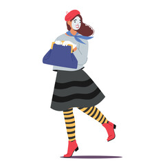 Attractive woman mime actress cartoon character running with handbag isolated on white background