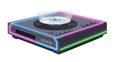 Futuristic Cd Player with Glowing Neon Lights and a Holographic Disc Playing Music on a White Background
