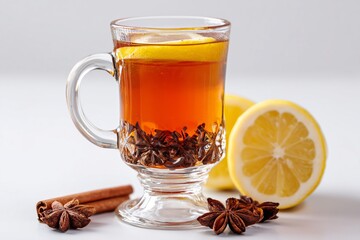 Warm beverage with lemon and spices on a white background during cozy afternoon moments at home or cafe