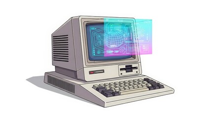 Old Retro Computer with a Glowing Futuristic Holographic Display Isolated on a White Background