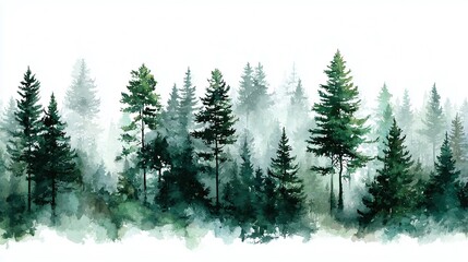 Fototapeta premium Watercolor painting of a dense coniferous forest shrouded in mist. Evergreen trees fade into the background, creating a serene natural scene.