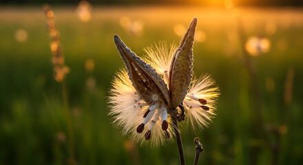 Golden hour embrace: Milkweed pod releasing seeds under the setting sun's gentle glow