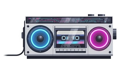 Fototapeta premium Futuristic Retro Boombox with Glowing Neon Speakers and Cassette Tape Isolated on White Background