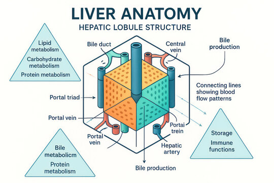 Liver Anatomy - Hepatic Lobule Structure Illustration, Medical Diagram, Human Body, Healthcare, Educational Material, Anatomy, Health, Biology, Science [198/200]
