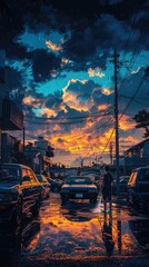 Anime city street cars sunset reflection rain aesthetic wallpaper background art digital painting