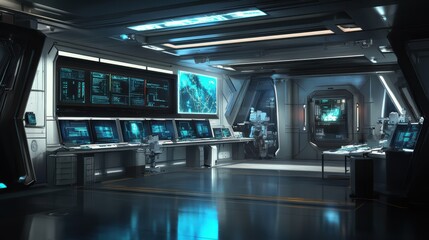 A futuristic control room filled with advanced technology, screens displaying data, and a sleek, modern design.