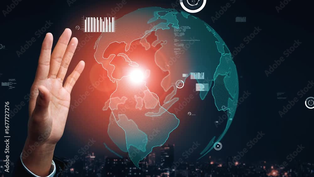 Poster a technology-driven image depicting a hand interacting with a digital globe filled with data analyti