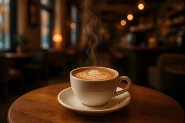 Hot latte with leaf latte art on wooden table in cozy café with warm lighting