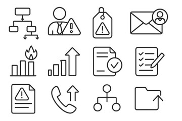 Escalation Procedure Icons. Line style icons of escalation procedures: escalation flowchart, manager alert icon, urgent case tag,