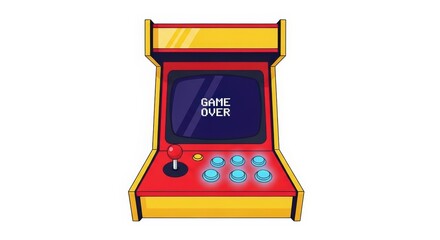 Retro Red and Yellow Arcade Game Machine with Glowing Buttons Isolated on a White Background