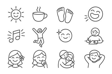Icons of Daily Joy. Line style icons of joy in daily life: sunny smile, cup of tea, happy feet, laughter lines, music burst, jump