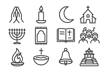 Religious Holiday Icons. Line style icons of religious holidays: prayer hands, candlelight icon, crescent moon, church icon,