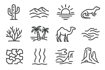 Fototapeta premium Desert Landscape Icons. Line style icons of desert landscape: cactus icon, sand dunes, sun over horizon, desert lizard, dry bush,