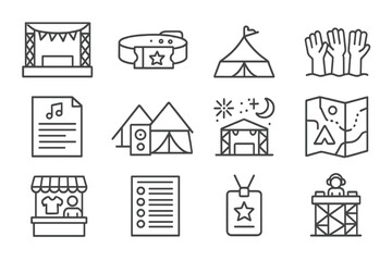 Music Festival Icons. Line style icons of music events and festivals: festival stage, wristband ticket, festival tent, crowd wave,