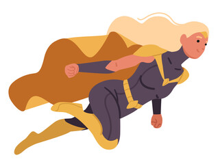 Strong woman superhero cartoon character wearing suit with cape flying isolated on white background